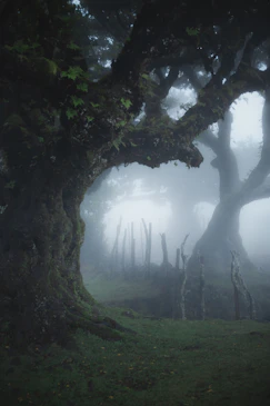 A large tree in the middle of a foggy forest