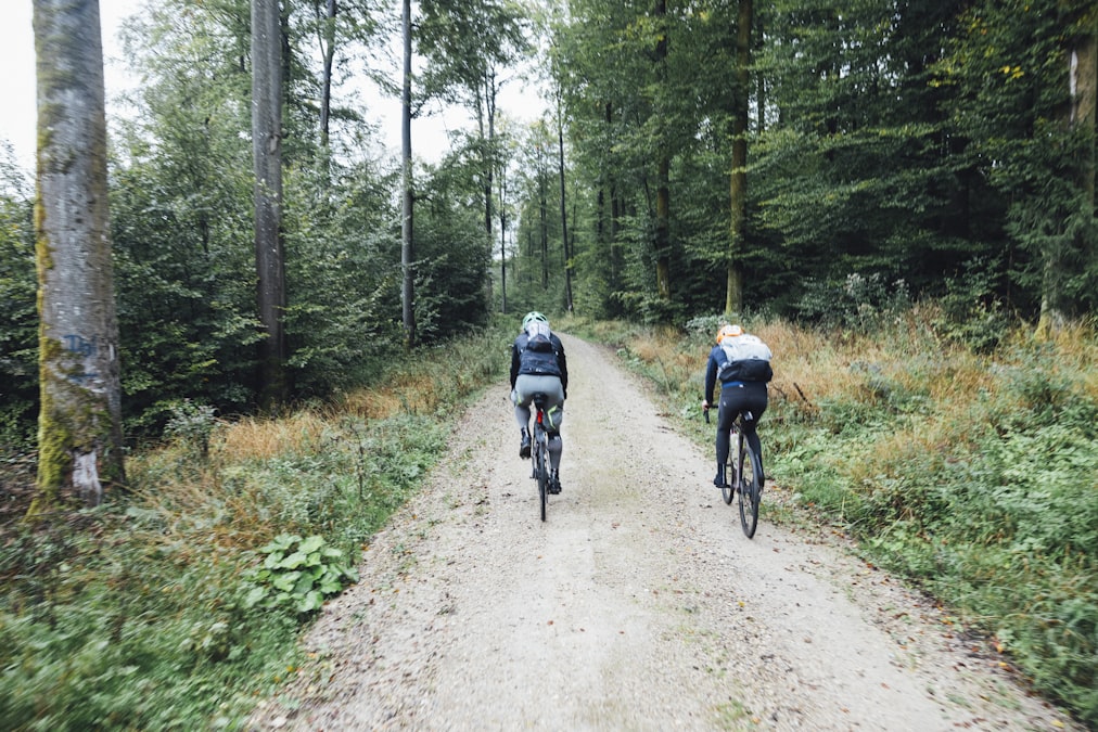 Dois ciclistas de gravel pedalando em uma estrada de cascalho dentro de uma floresta