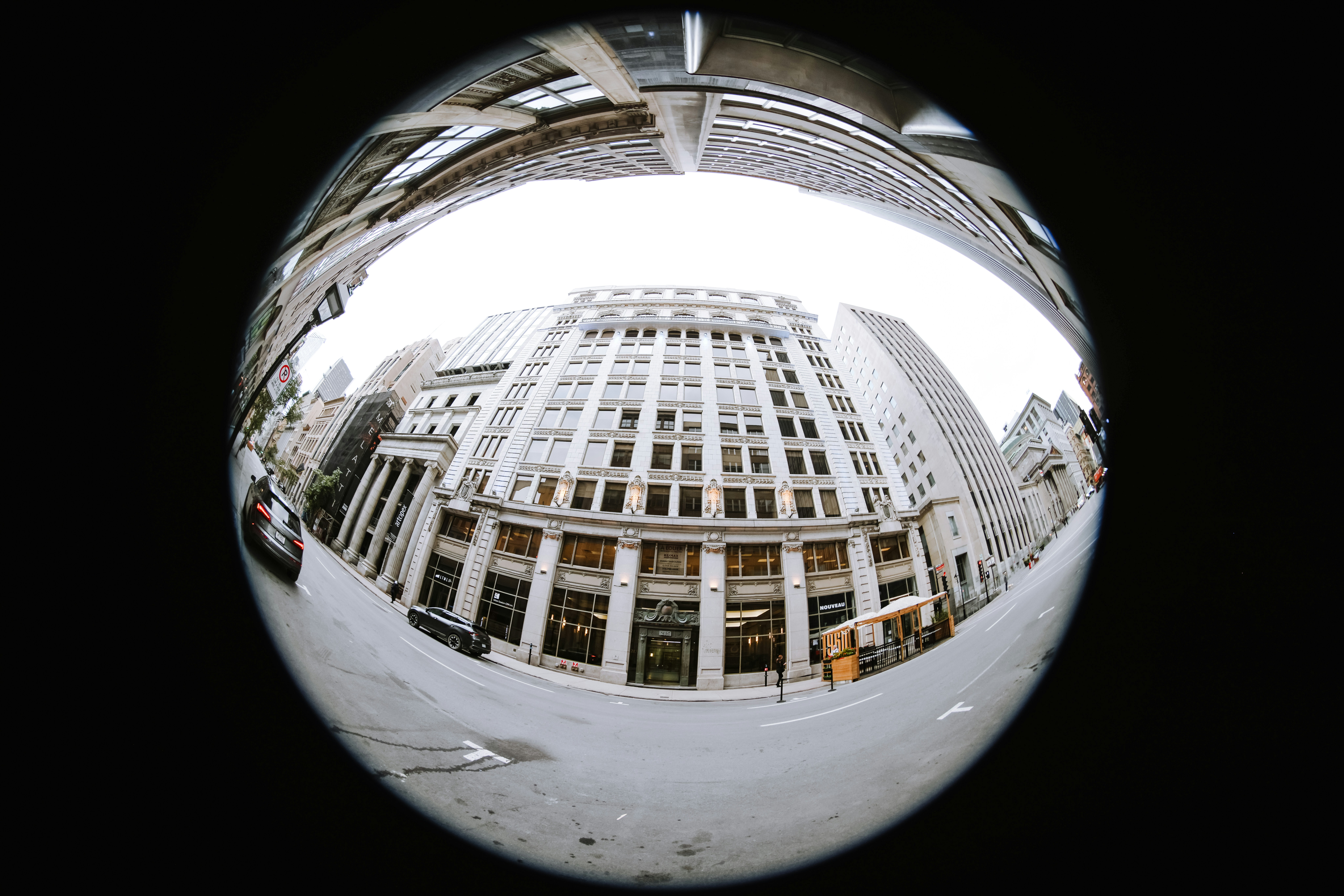 A fish eye view of a building in a city