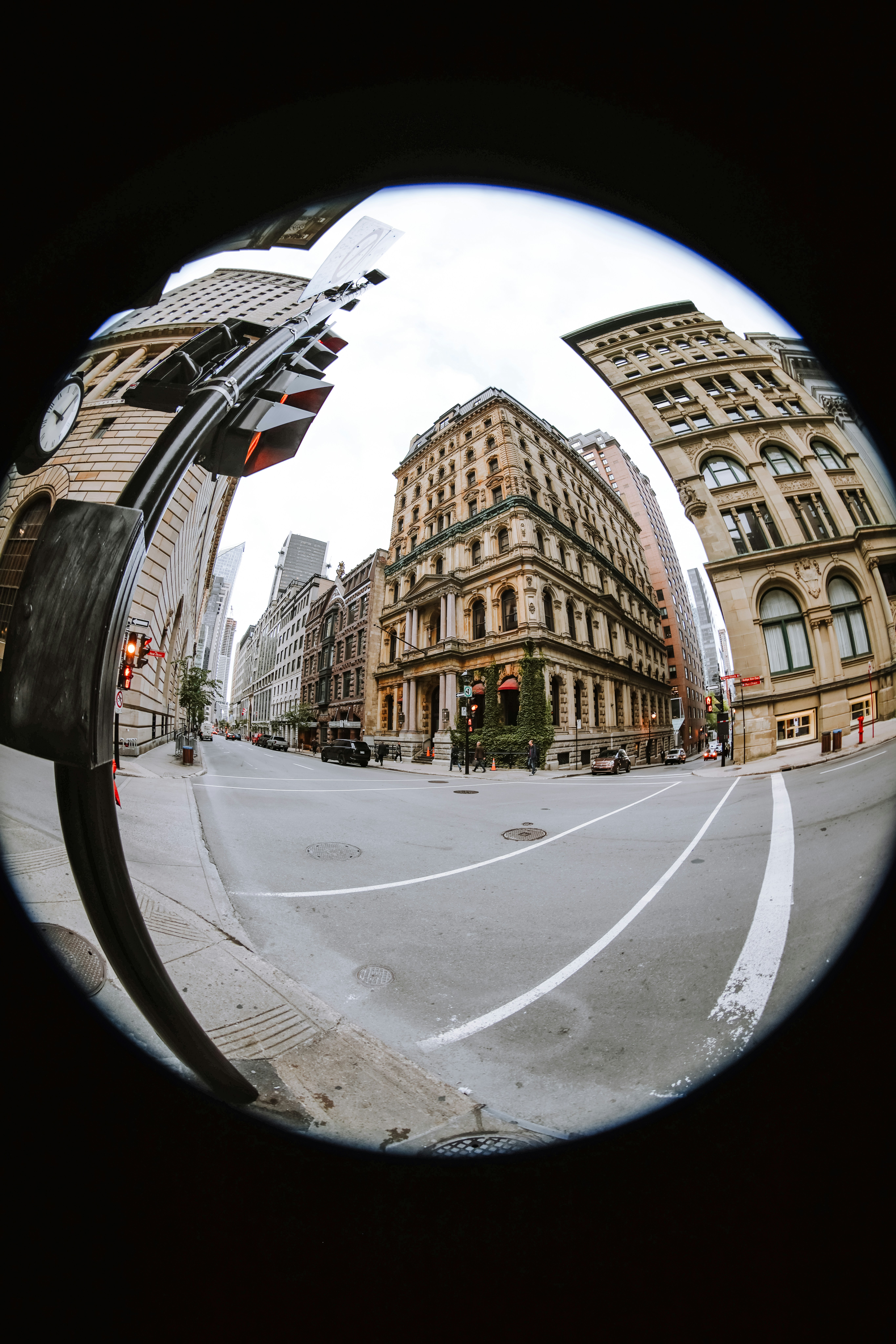 A view of a street through a round window