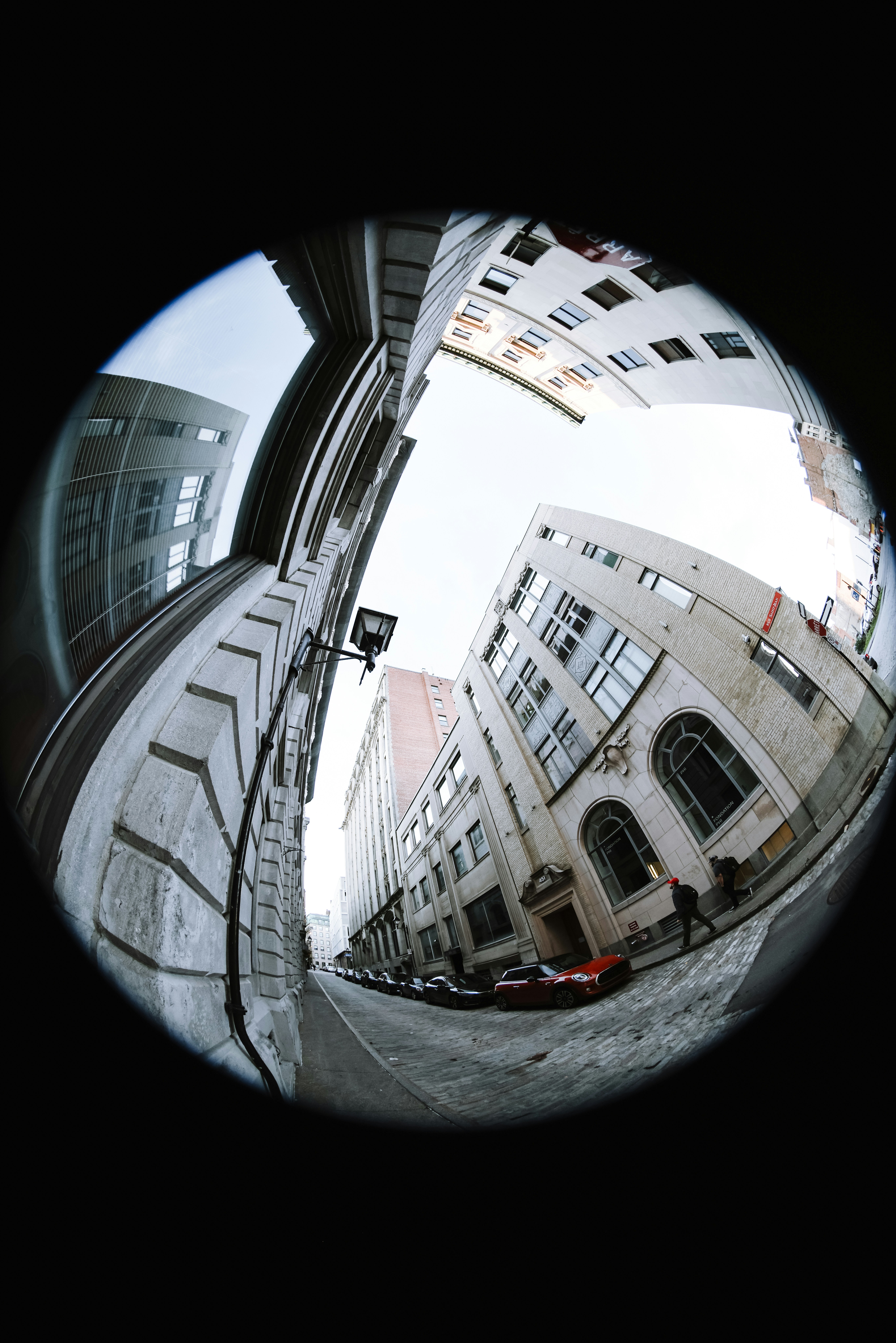 A fish eye view of a city street