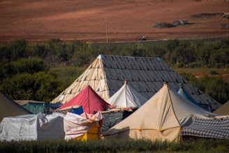 A number of tents in a field with trees in the background