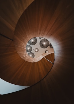 A close up view of a spiral staircase