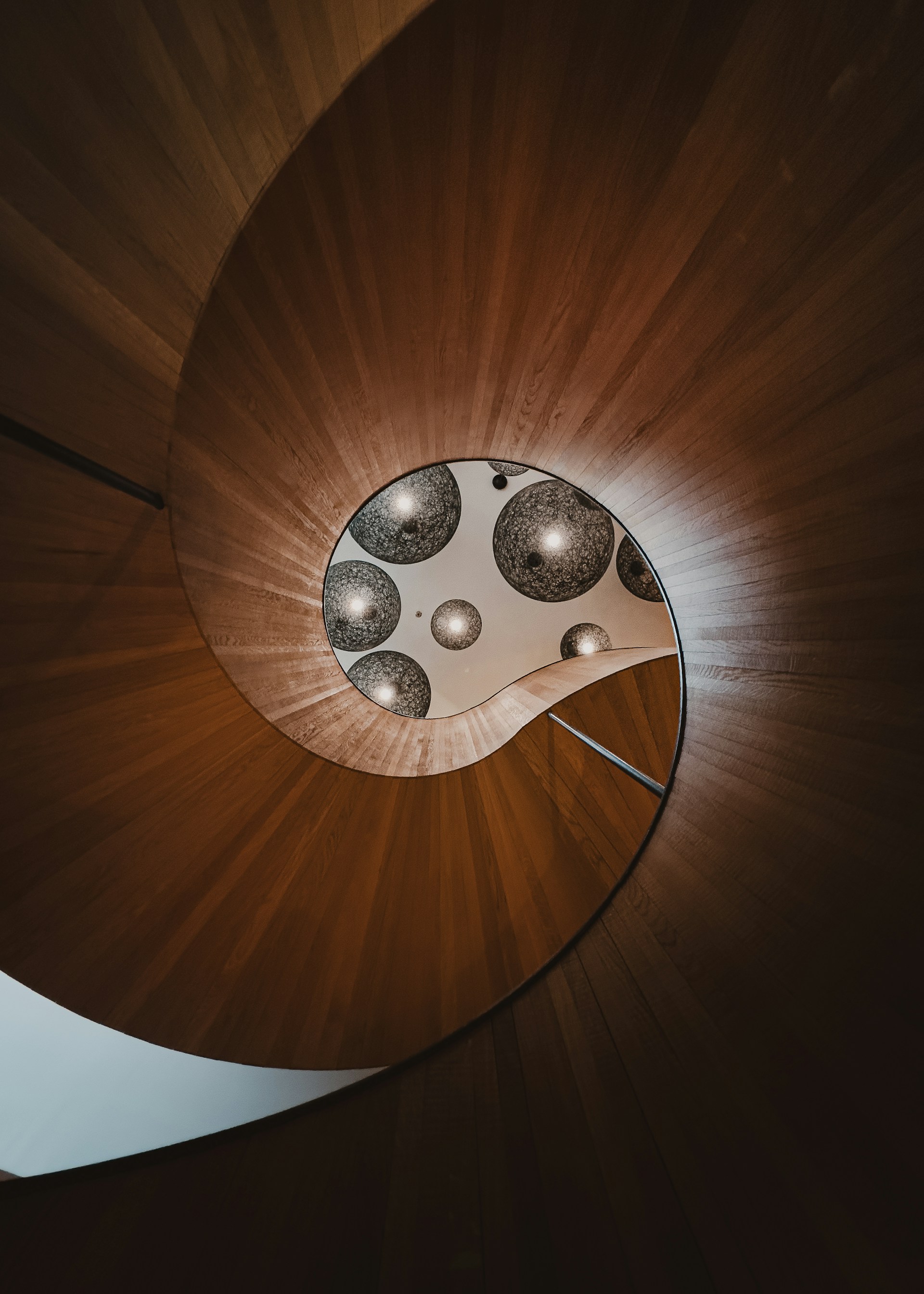 A close up view of a spiral staircase