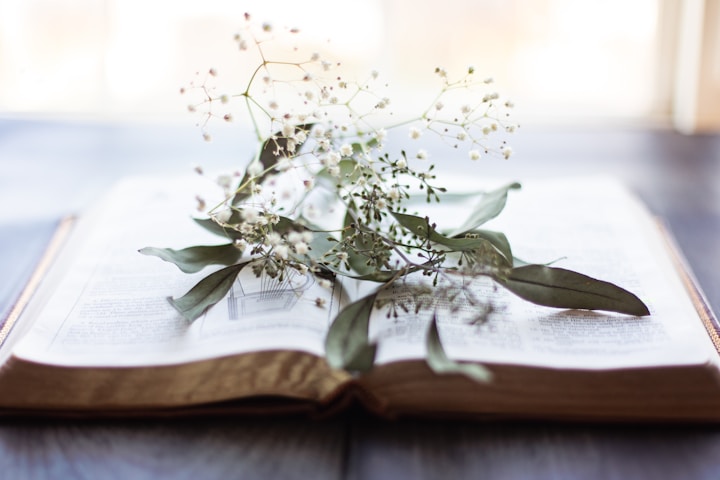 A book with a bunch of flowers on top of it