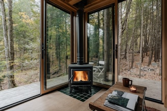 A living room with a wood burning stove in it