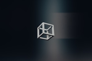 A black and white logo of a cube