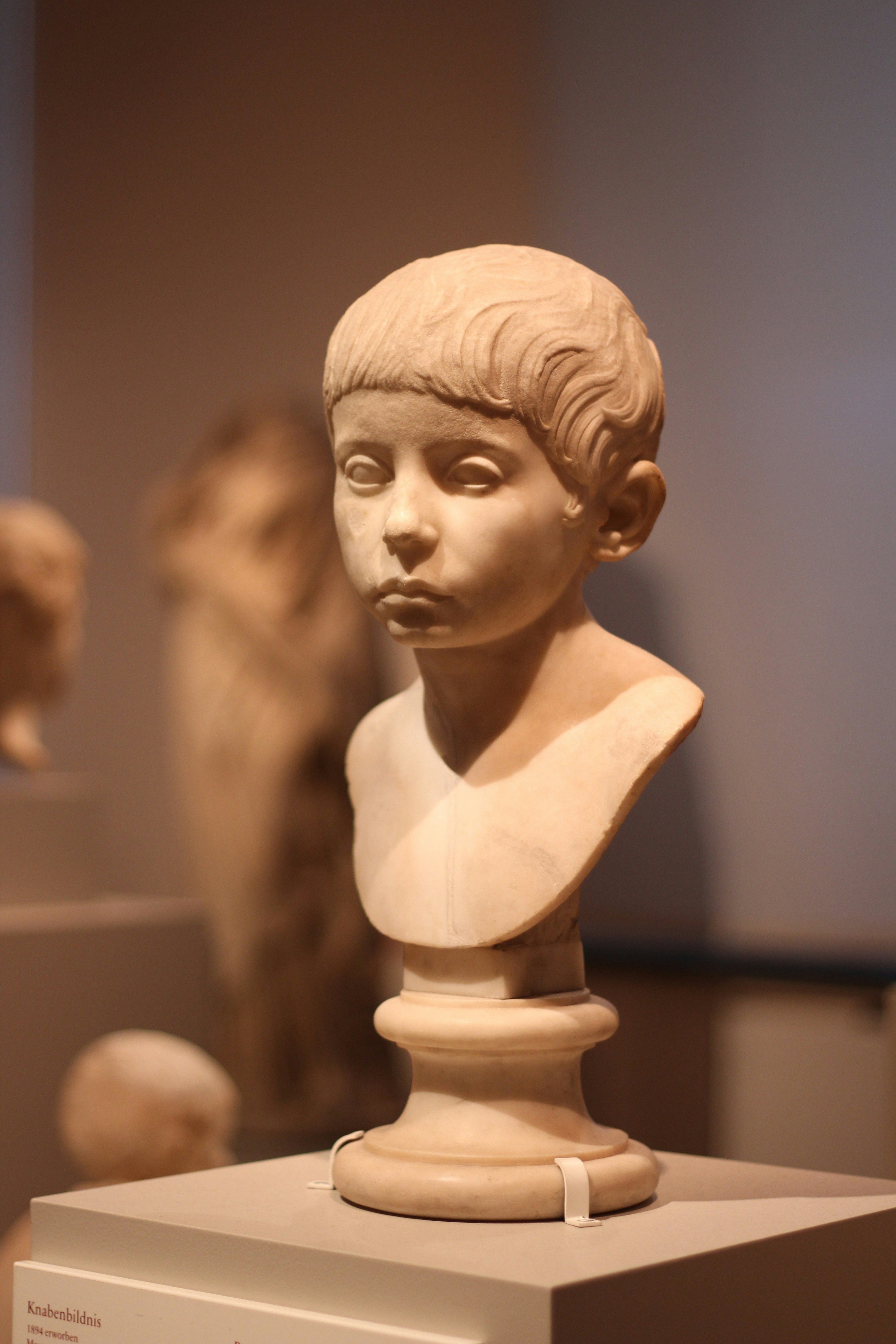 A bust of a woman on display in a museum