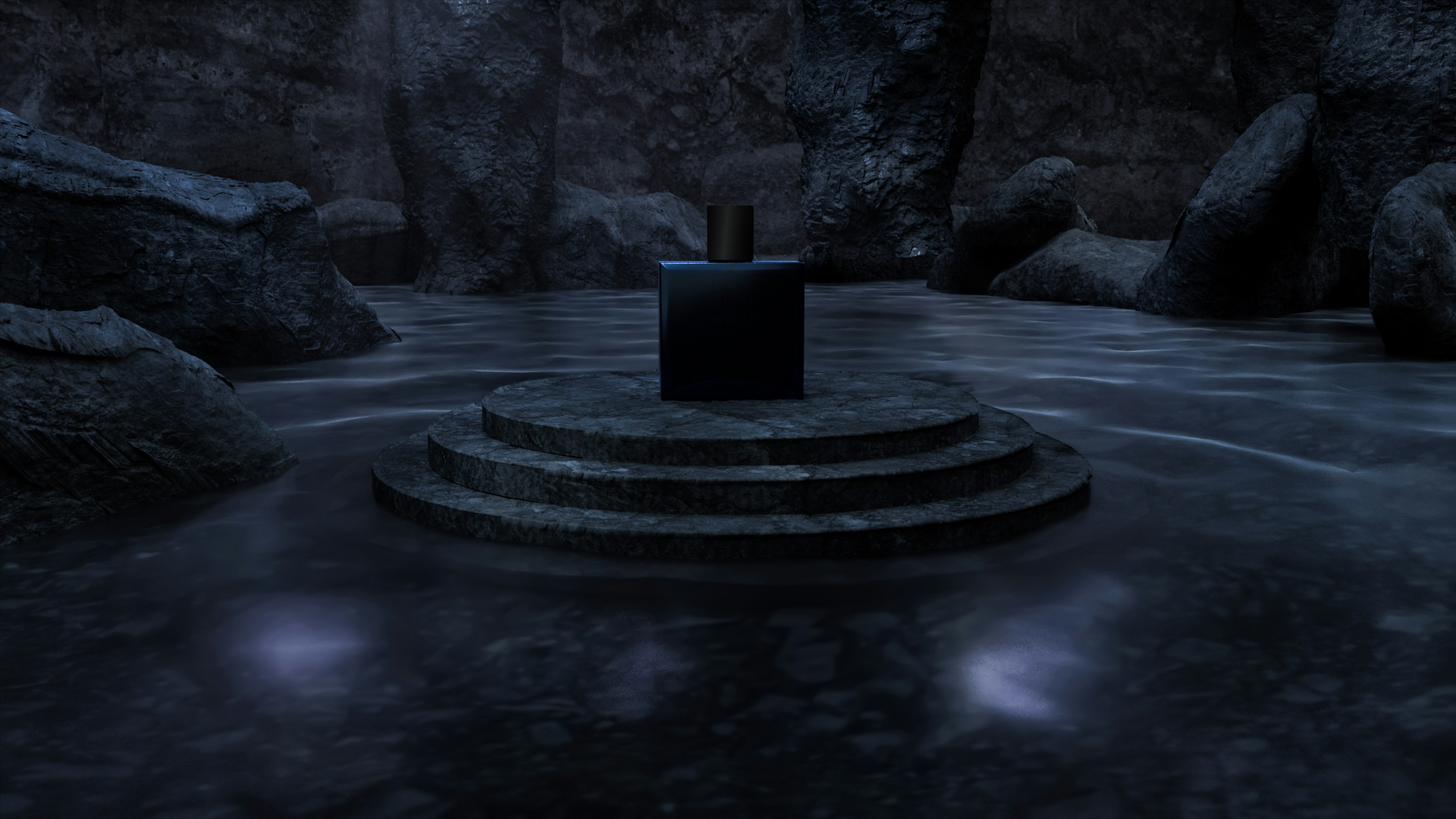 A mysterious hooded figure in a dark cavern, looking into a pool of water.
