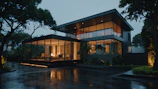 A house with a lot of windows and a lot of trees