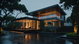 A house with a lot of windows and a lot of trees