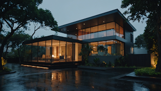 Uma casa com muitas janelas e muitas árvores.