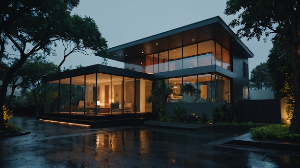 Uma casa com muitas janelas e muitas árvores.