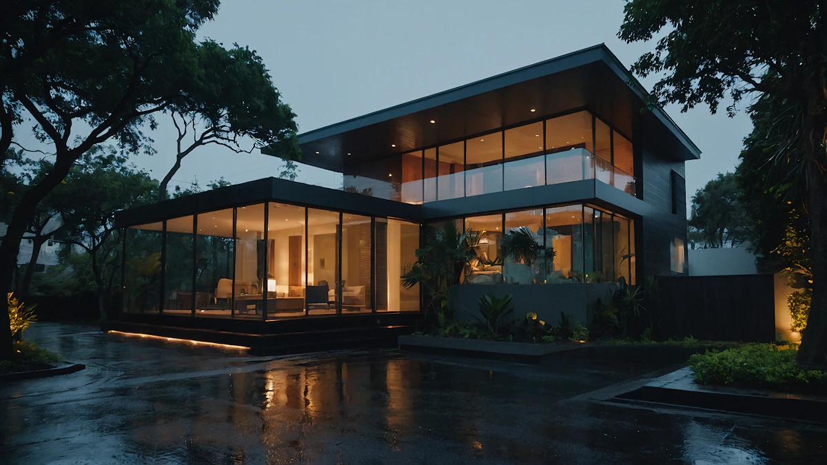 Modern home with floor-to-ceiling glass glowing at dusk
