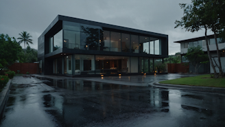 A large house sitting on top of a wet street