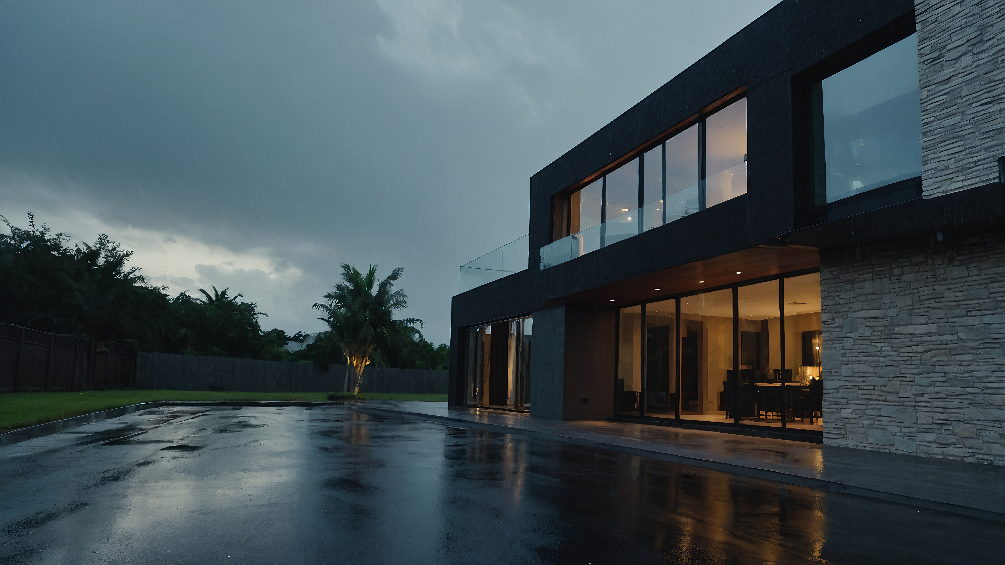 A large house sitting on top of a wet road