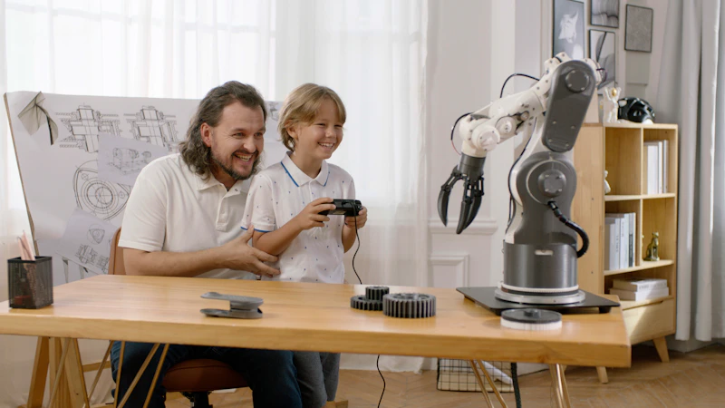 A friendly instructor helping two children with a science and robotics activity