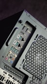 A close up of a black computer case