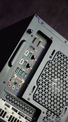 A close up of a black computer case