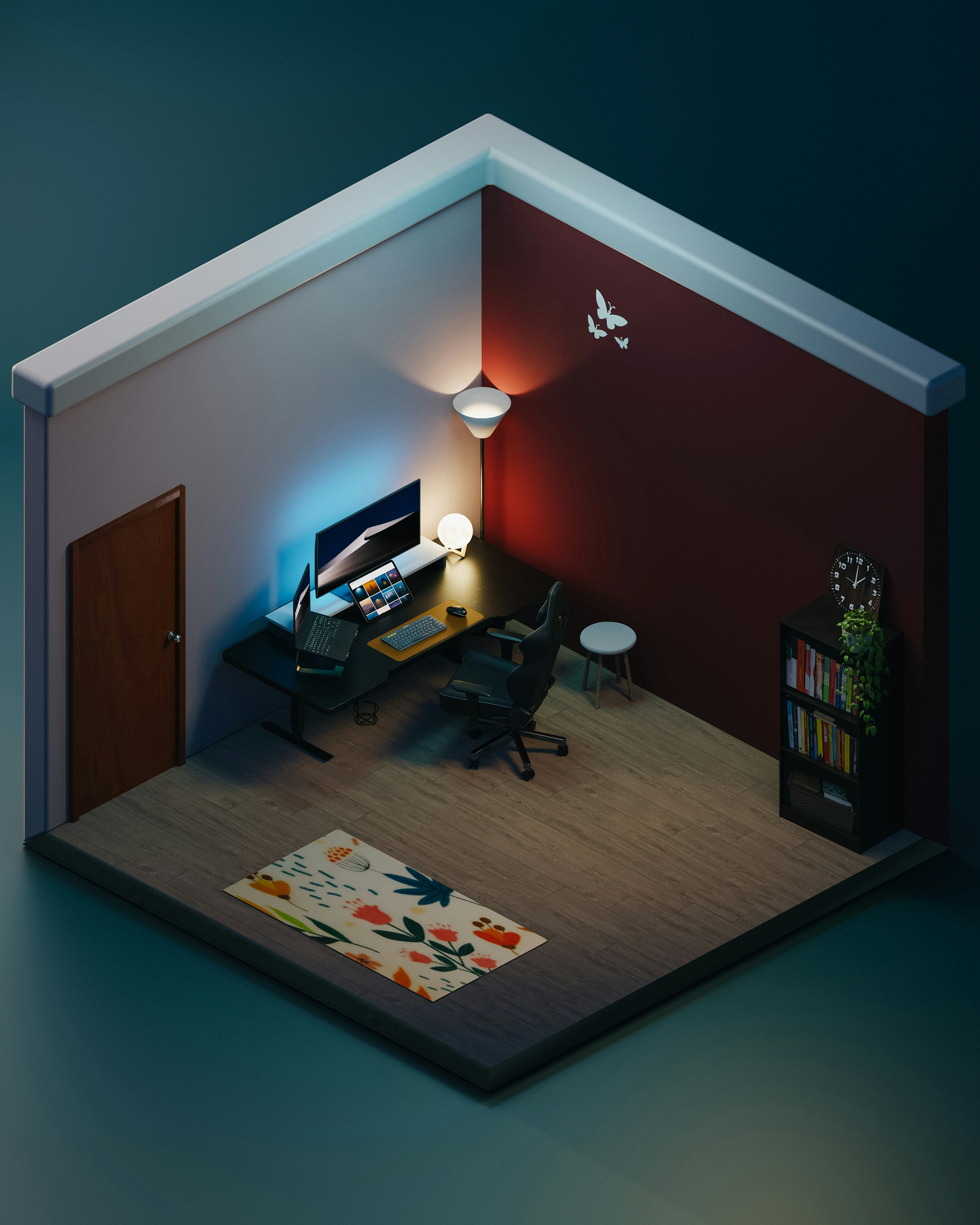 A room with a desk and a chair in it