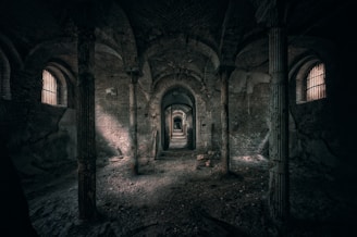 A dark tunnel with a person standing in it