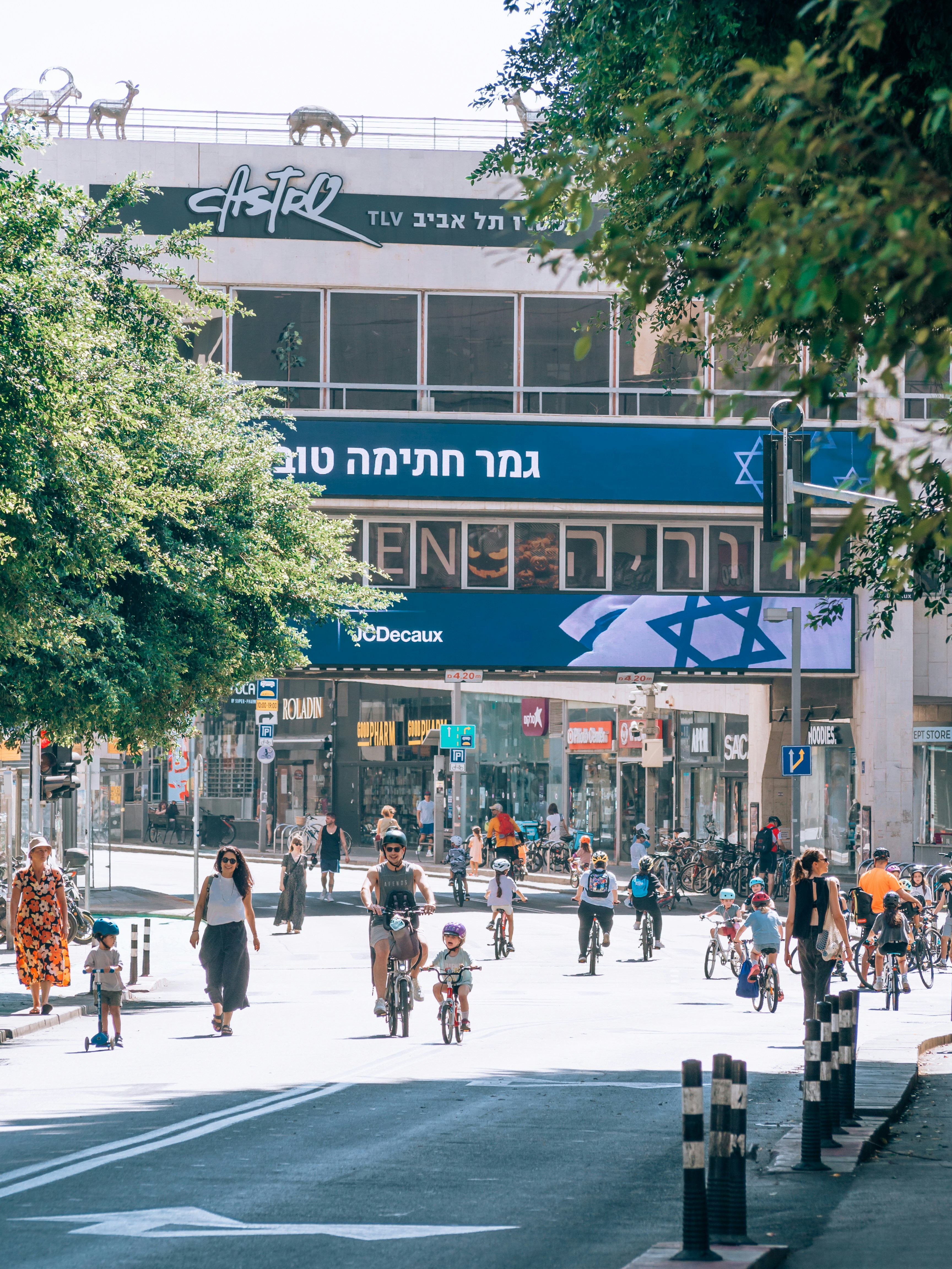 Un gruppo, di, persone, andare in bicicletta, lungo una strada
