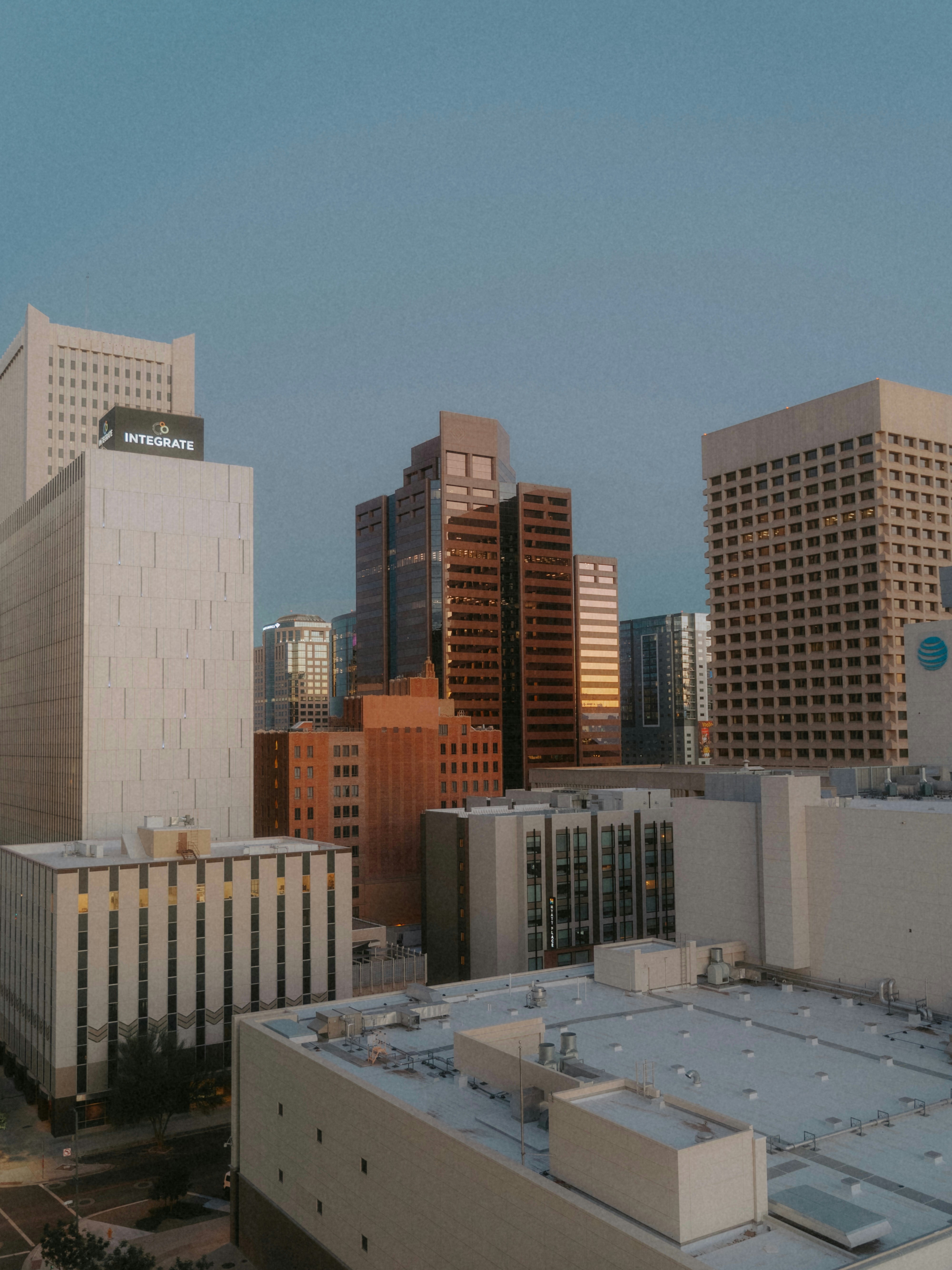 A view of a city with tall buildings