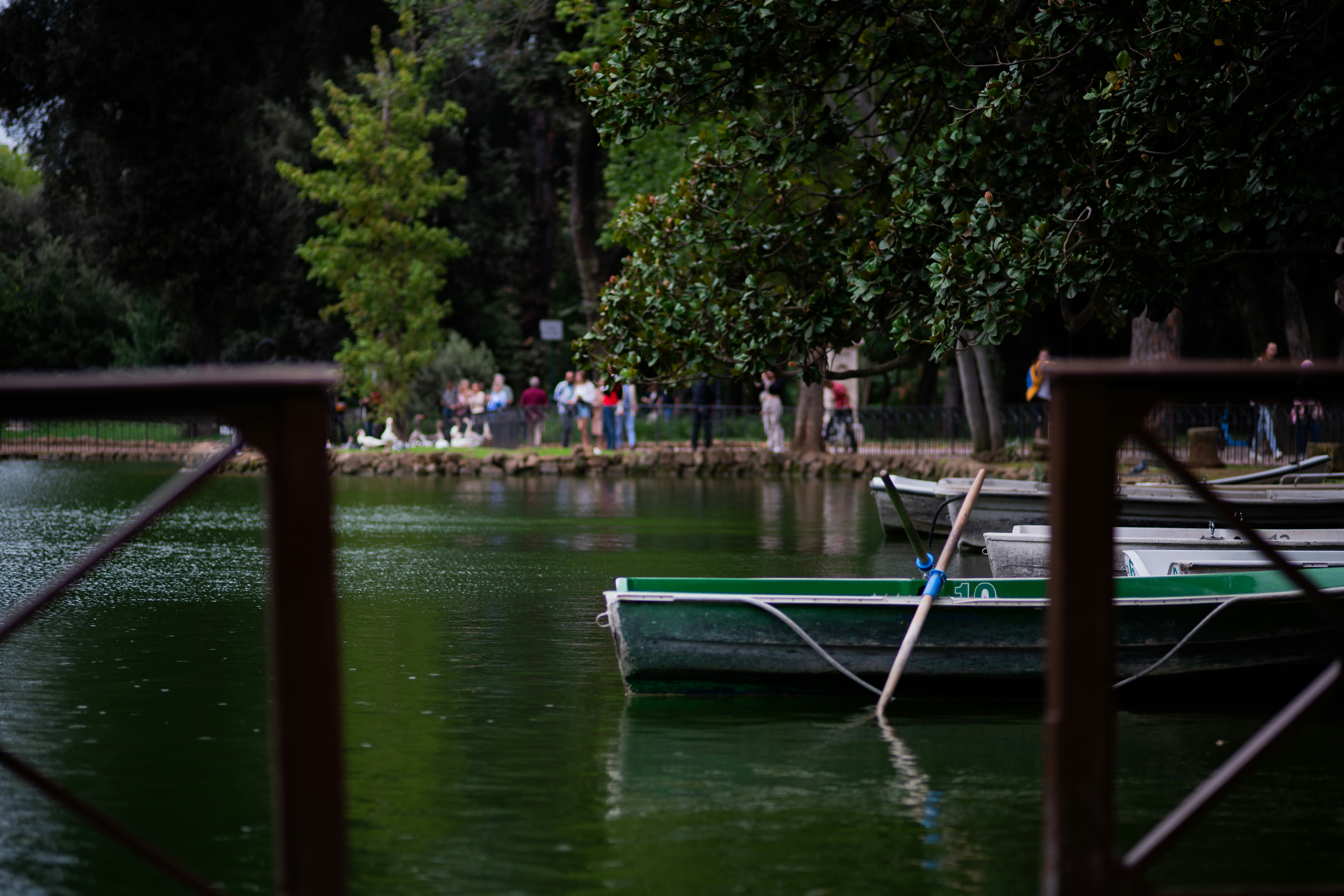 A small boat floating on top of a lake next to a forest