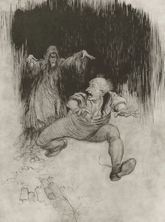 Frightened man running from a shadowy figure