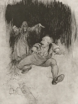 Frightened man running from a shadowy figure