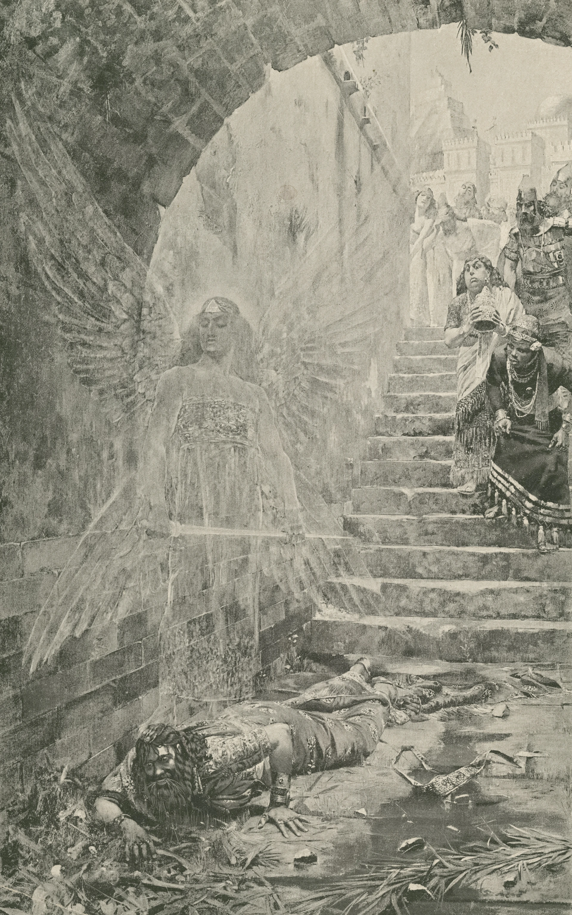 An angelic figure hovers over a fallen warrior on stairs.