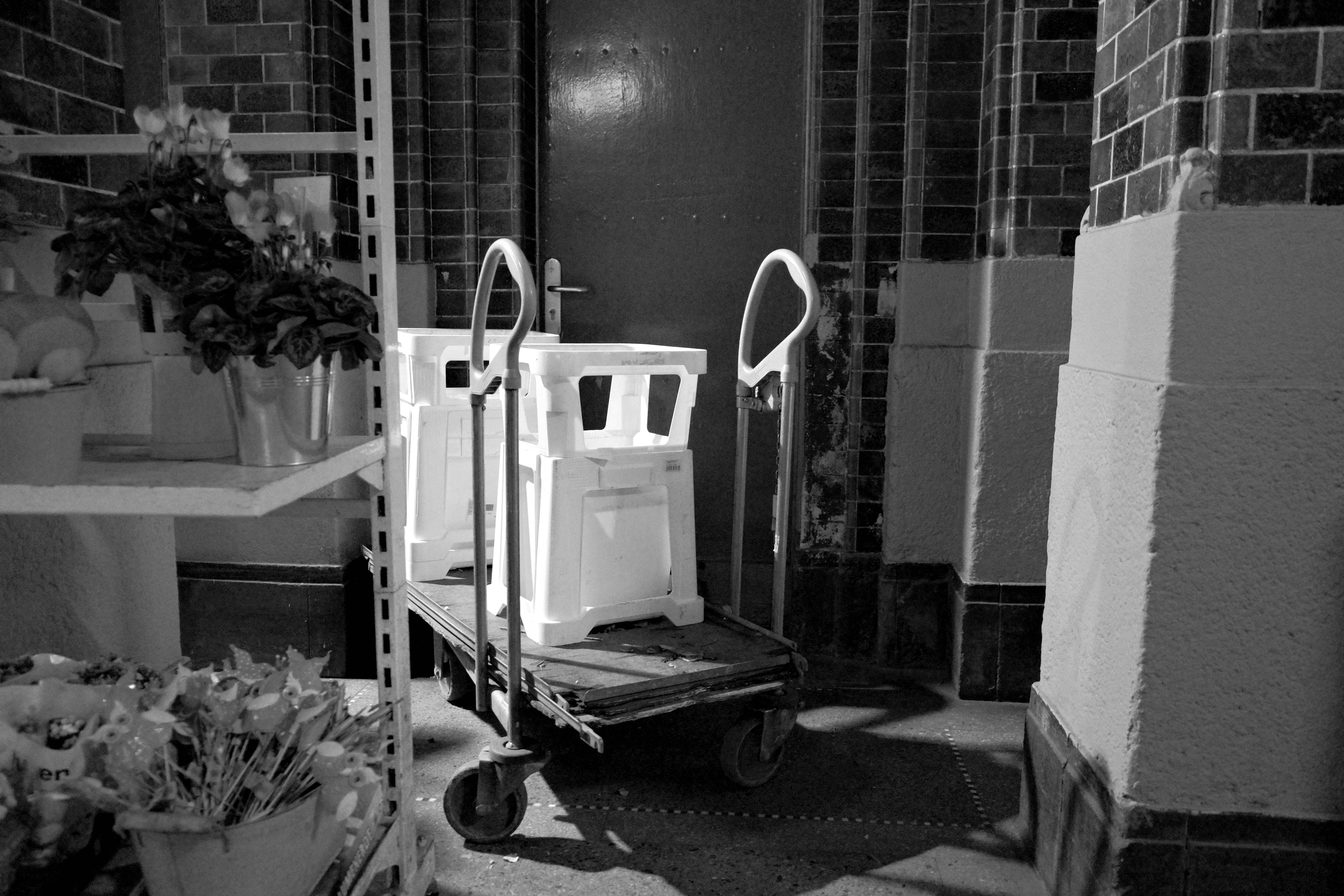 A black and white photo of a room