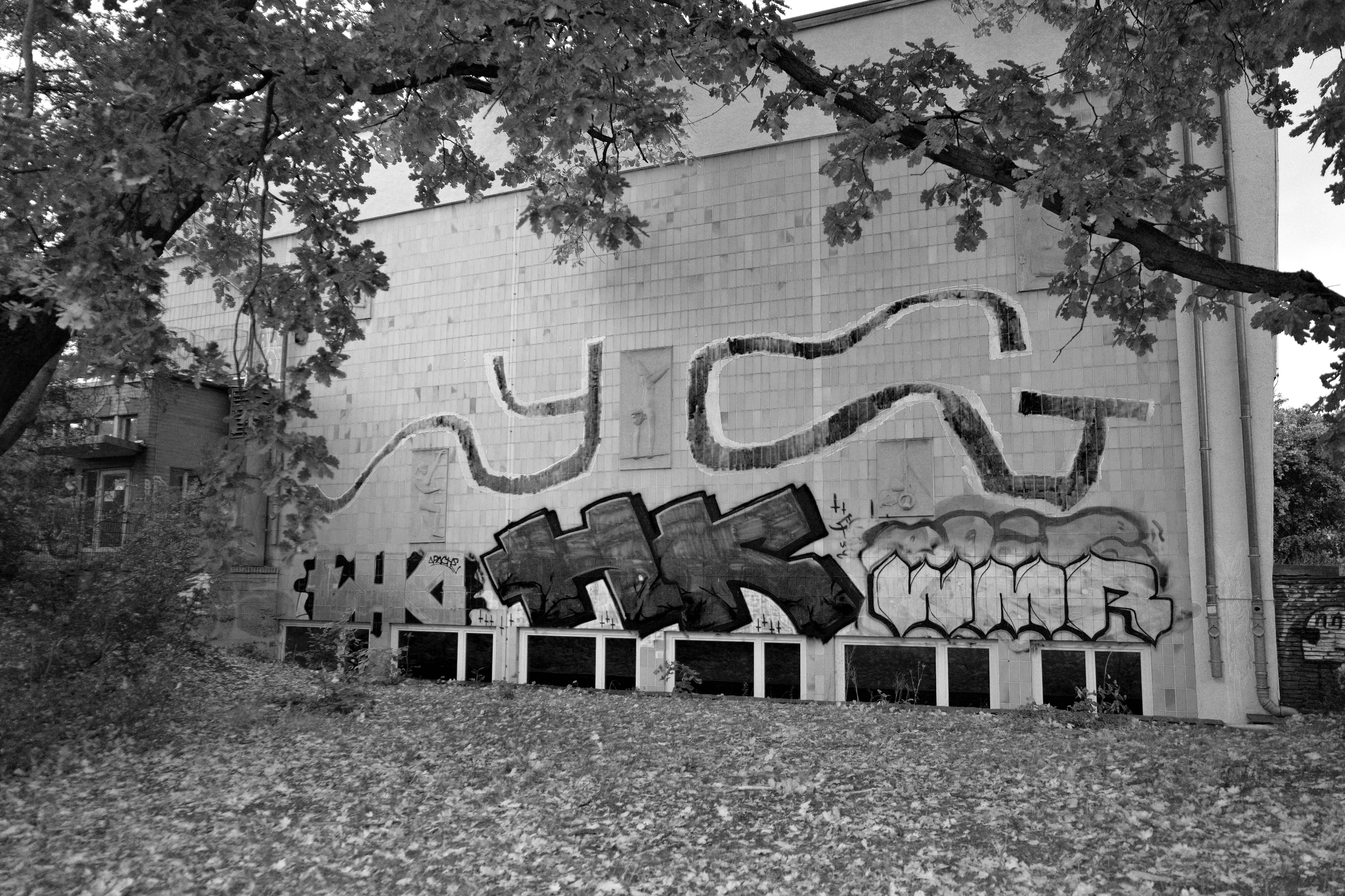 Una foto en blanco y negro de un grafiti en el lateral de un edificio