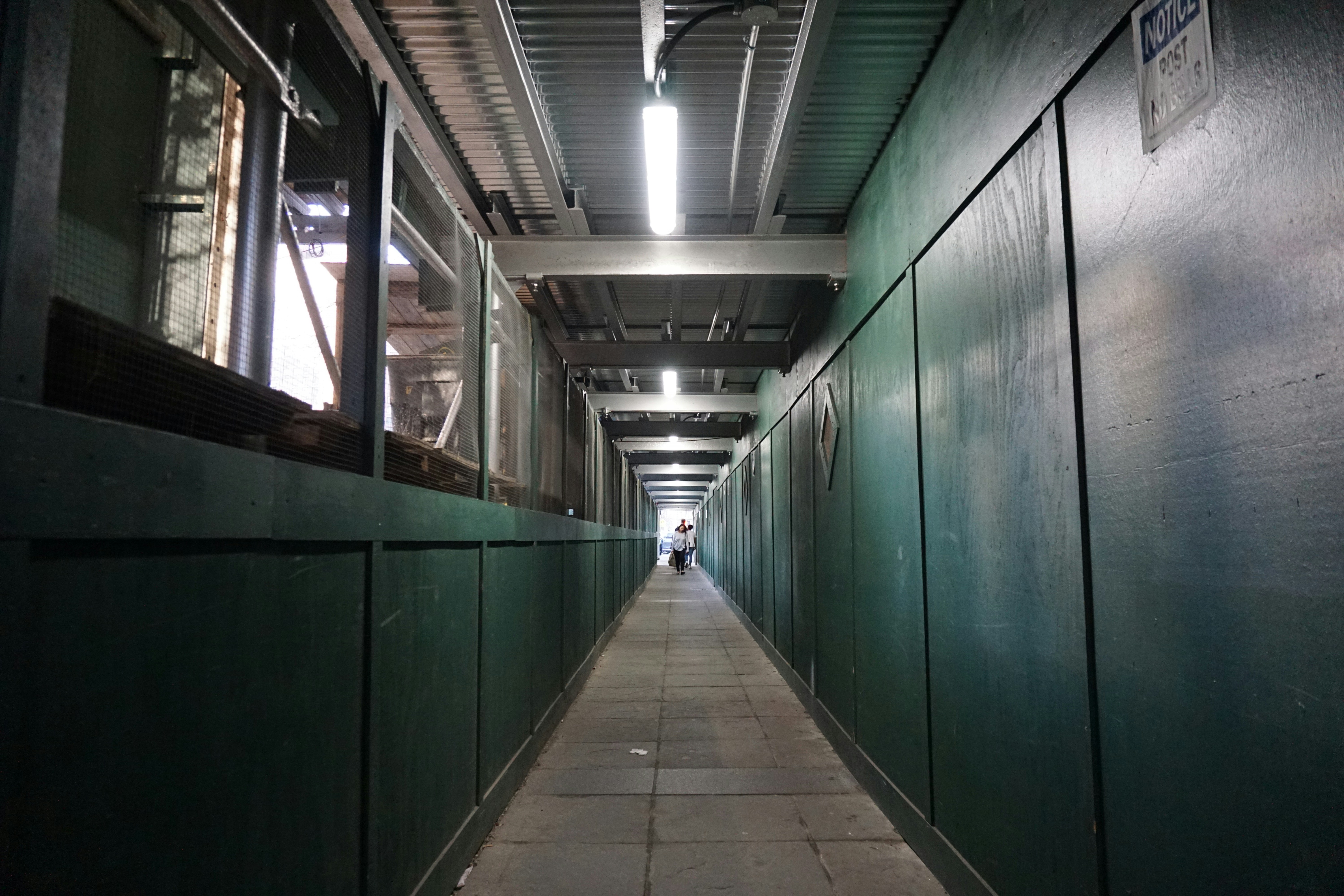 A long hallway with green walls leading to another building