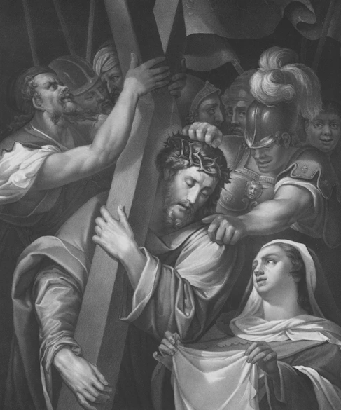 Jesus carries the cross, surrounded by soldiers and onlookers