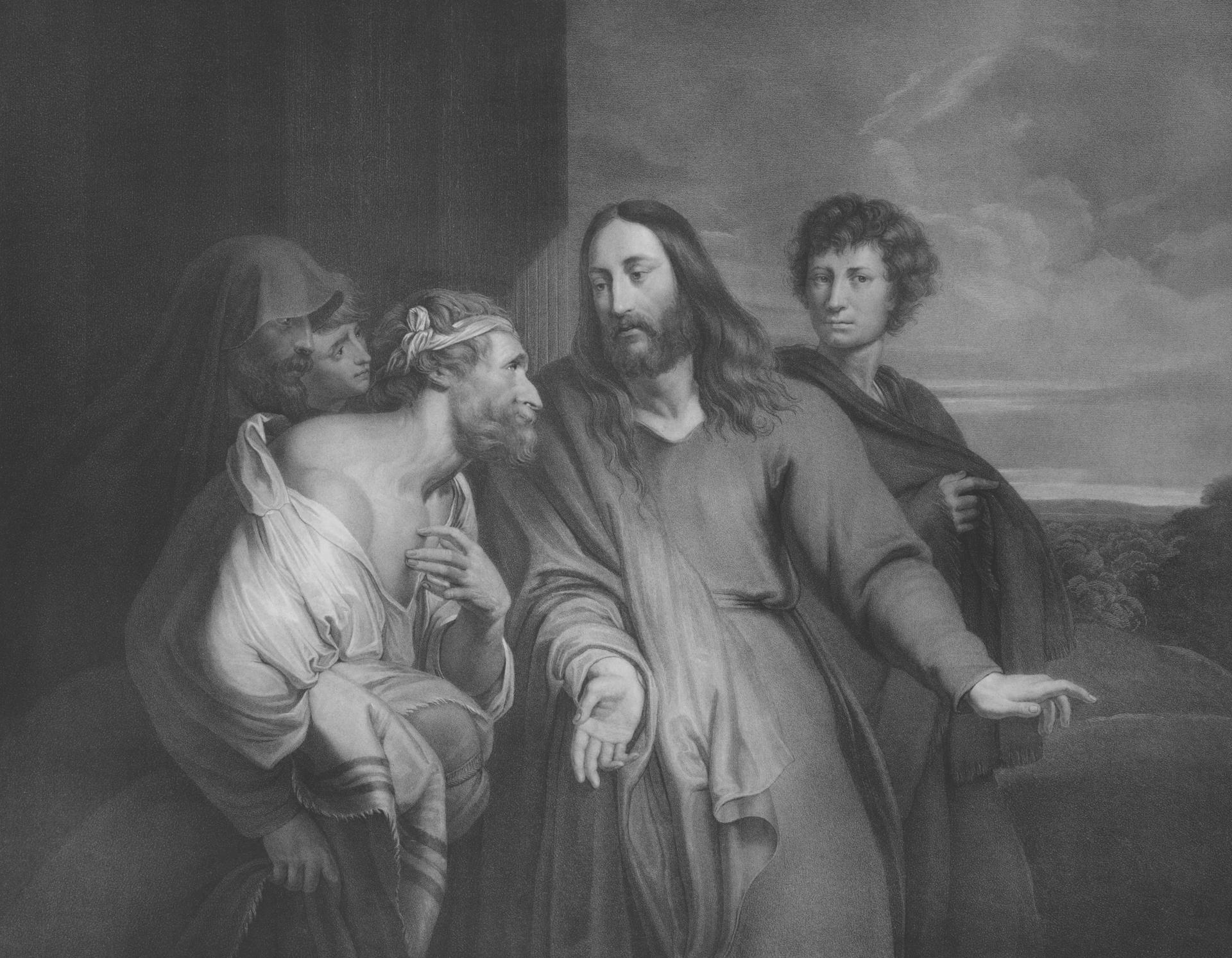 Jesus healing a blind man with two disciples watching