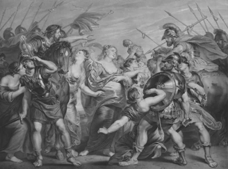 Battle scene with soldiers and distressed women