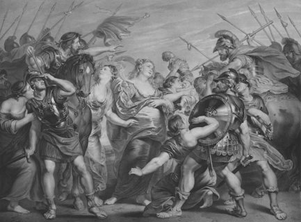 Battle scene with soldiers and distressed women