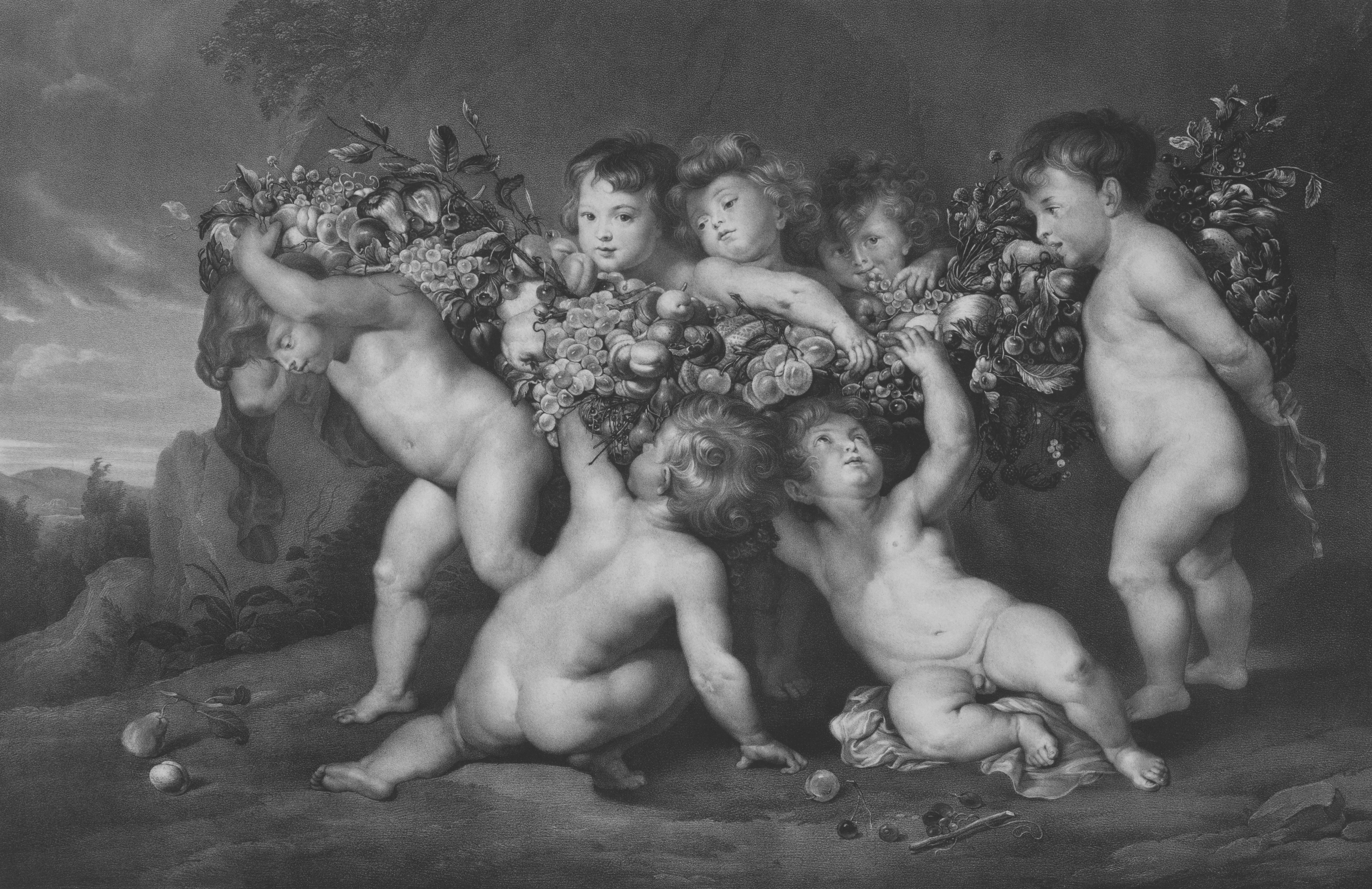 ケルビムたちが大きな花の入った籠を運ぶ