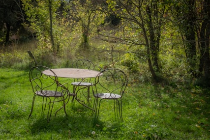 A table and chairs in a grassy area