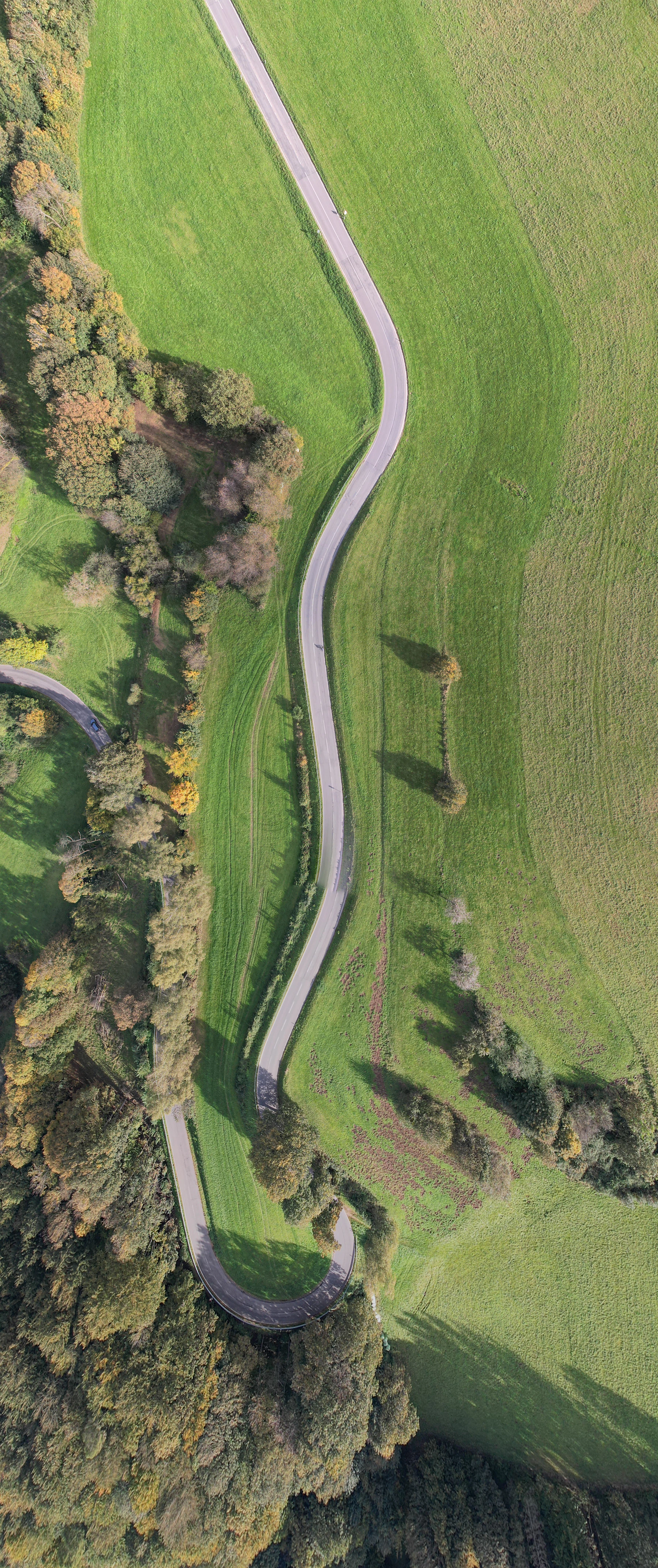 Vista aérea de uma estrada sinuosa cortando um campo verde
