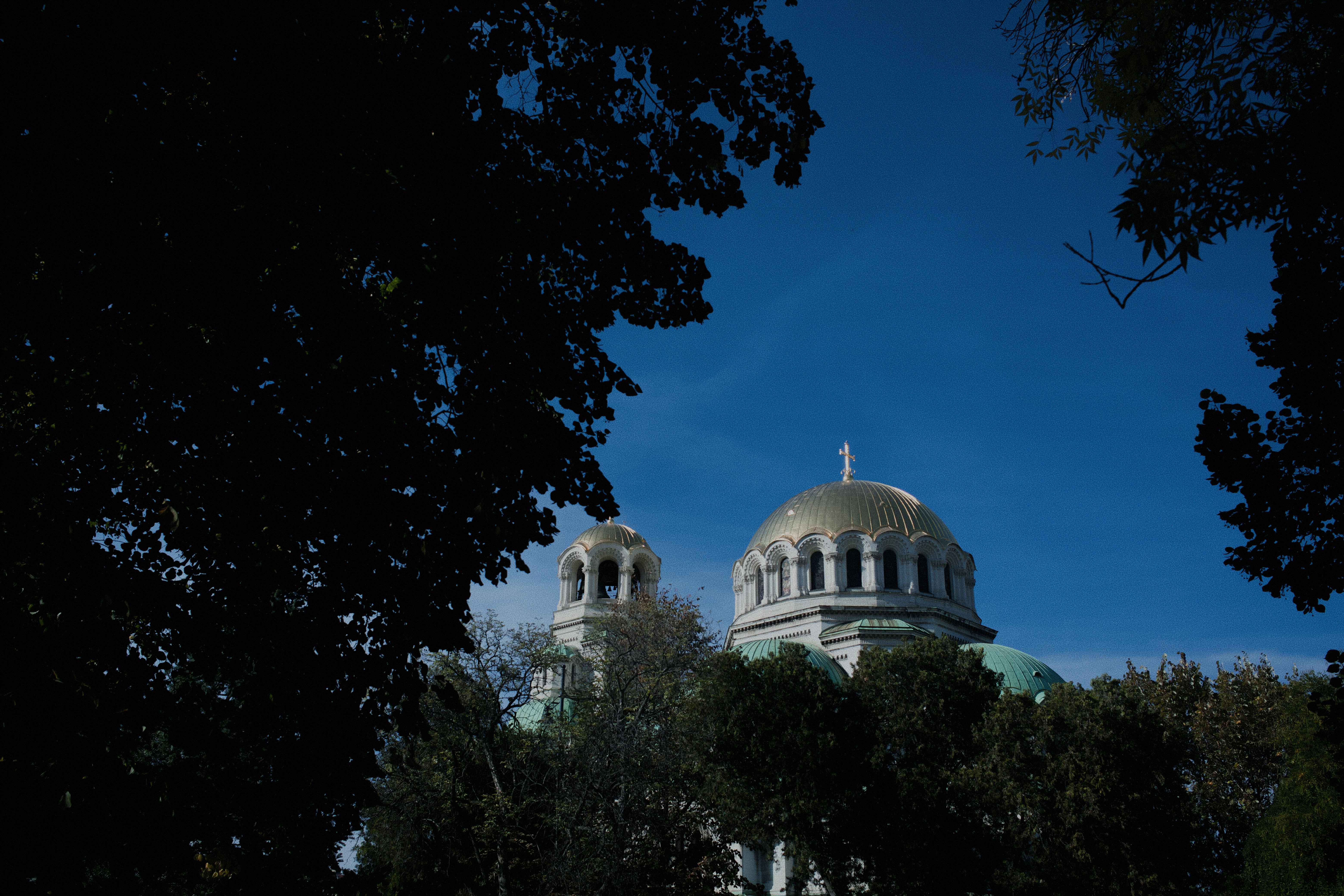 A view of a building through some trees