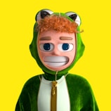 A person wearing a green frog costume
