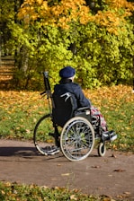 A person in a wheel chair on a path