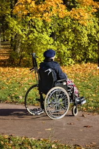 A person in a wheel chair on a path