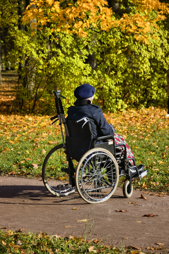 A person using a wheelchair travelling along an outdoor path