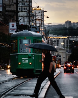 A person walking down a street with an umbrella