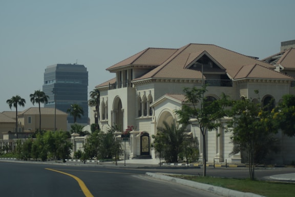 A street lined with houses and palm trees
