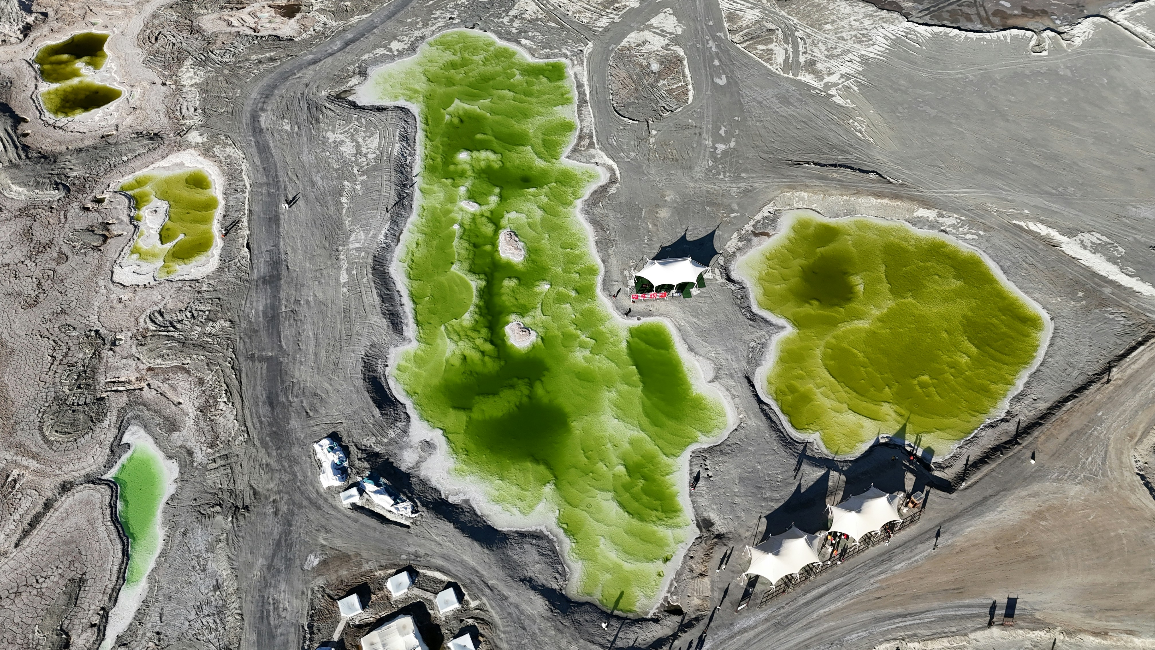 An aerial view of a green area in the desert
