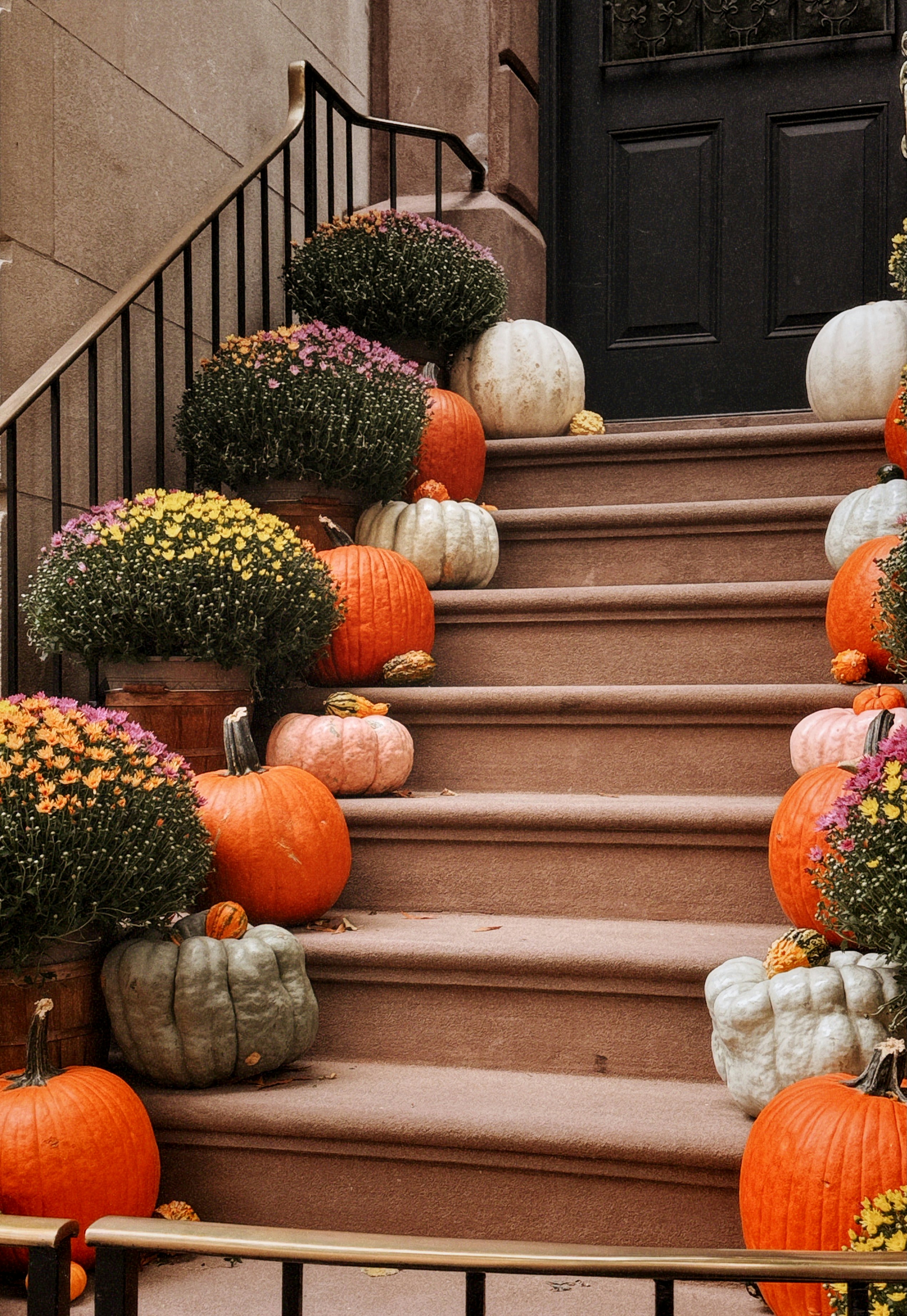 A bunch of pumpkins sitting on the steps of a house